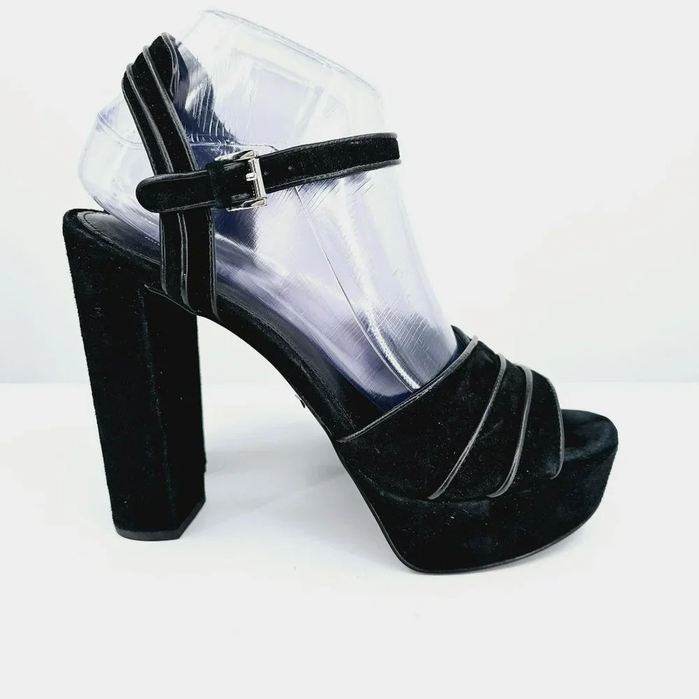 Michael Kors Platform Heels 8 M Black Suede Leather Open Toe Ankle Buckle Strap